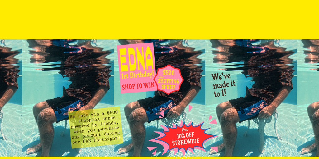 Person underwater with promotional signs in a pool, with a yellow border.
