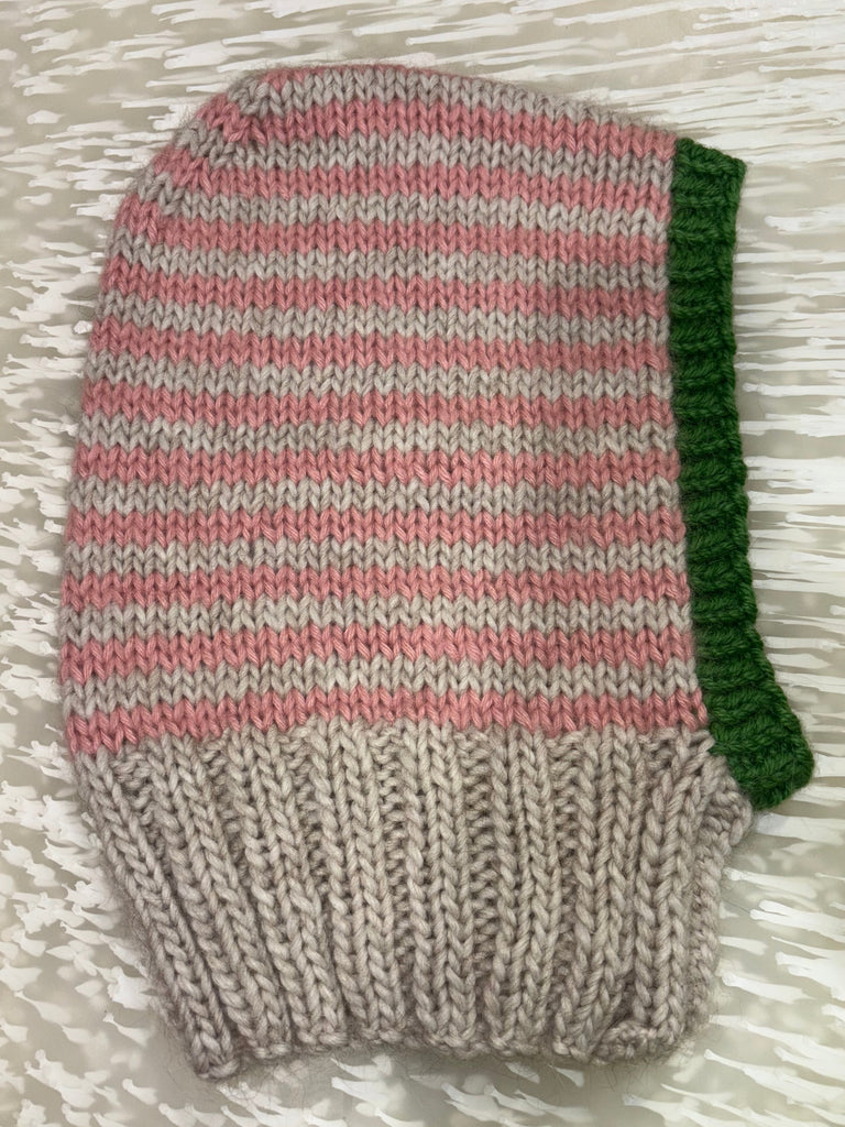 Knitted Balaclava with green brim and striped pattern