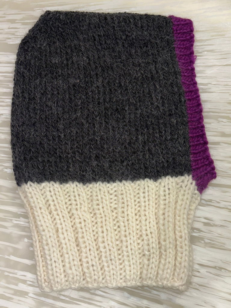 Knitted Balaclava with purple, black, and white sections