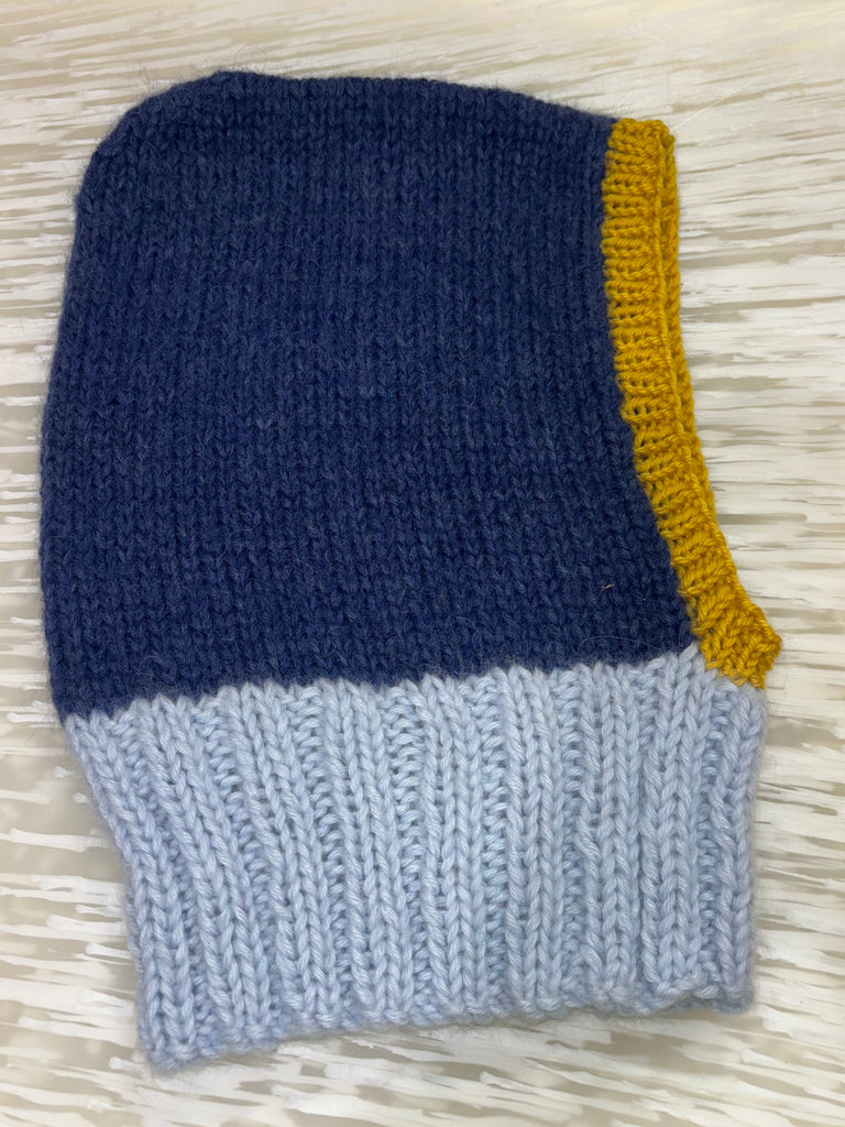 Knitted Balaclava with blue, yellow, and baby blue sections